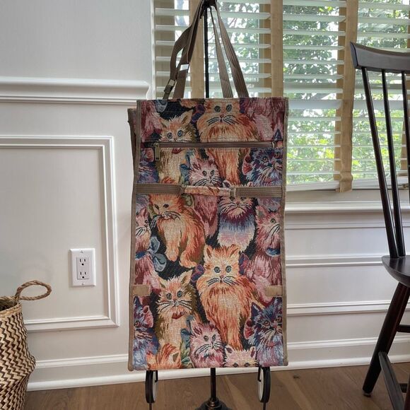Vintage Cat Tapestry Wheeled Shopper Bag Tote Collapseable - Picture 2 of 13
